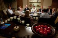 Image courtesy of the Barack Obama Presidential Library, President Barack Obama is briefed by s…