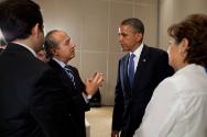 Image courtesy of the Barack Obama Presidential Library, President Barack Obama talks with Pres…
