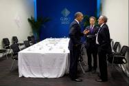 Image courtesy of the Barack Obama Presidential Library, President Barack Obama talks with Trea…