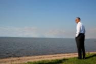 Image courtesy of the Barack Obama Presidential Library, President Barack Obama views the Gulf …