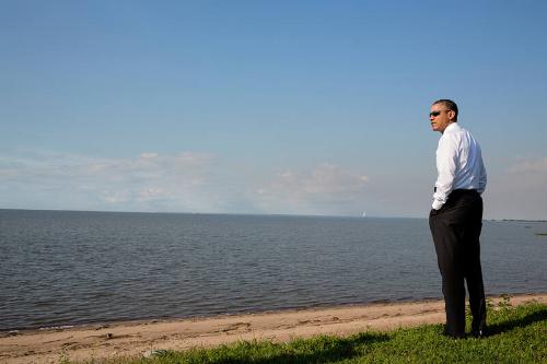 Image courtesy of the Barack Obama Presidential Library, President Barack Obama views the Gulf …