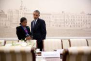 Image courtesy of the Barack Obama Presidential Library, President Barack Obama confers with Na…
