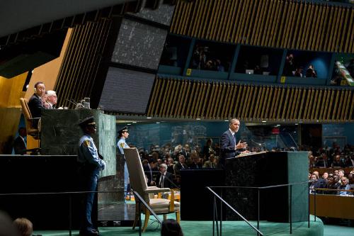 Image courtesy of the Barack Obama Presidential Library, President Barack Obama addresses the U…